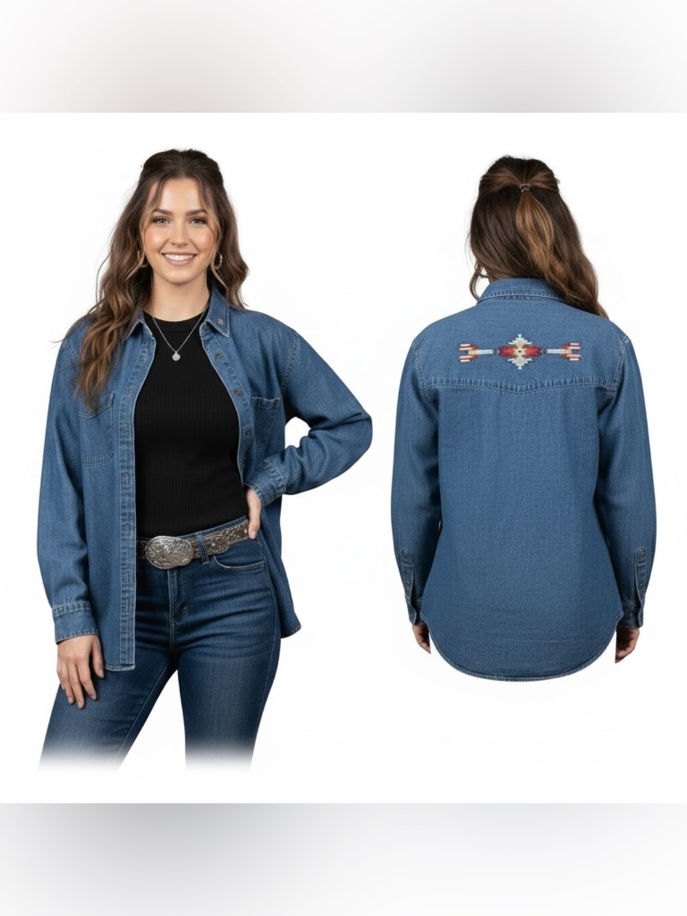 Woolrich Blue Denim Shirt Jacket Navajo inspired embroidery medium